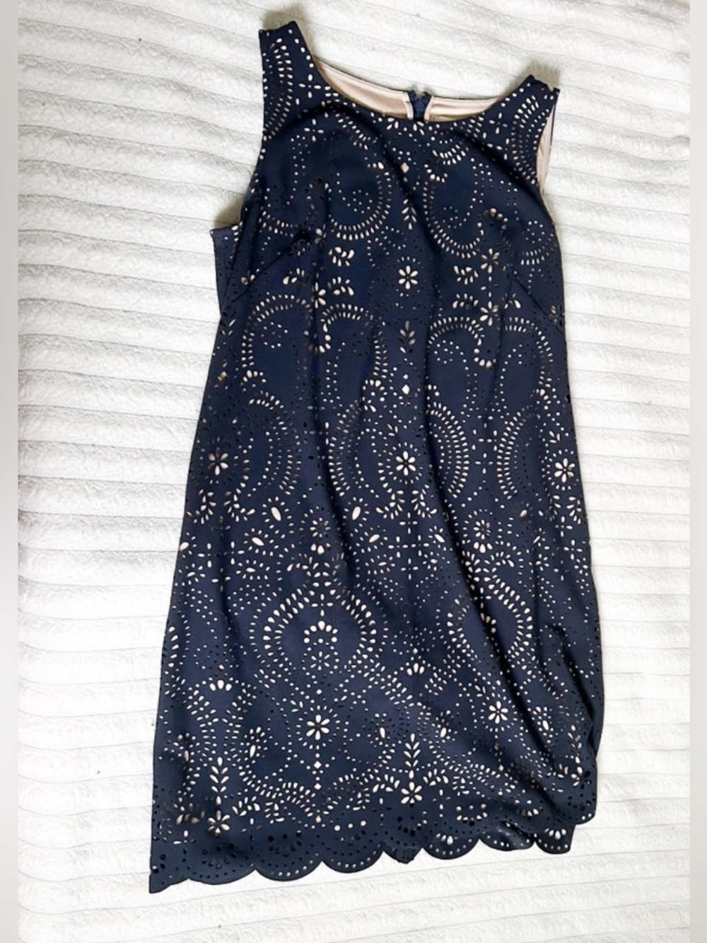 Women’s Eliza J Navy Blue Laser Cut + Nude Lined Dress with Scalloped Hem - Picture 1 of 3